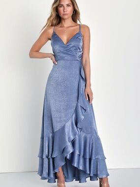 Lulus In Love Forever Slate Blue Satin Lace-up High-low Maxi Dress - Size M